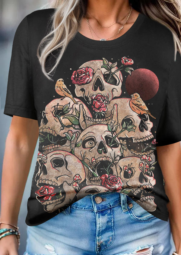 

Skull Floral Ethnic Art Graphic T-Shirt Tee, Multicolor, SCM020447