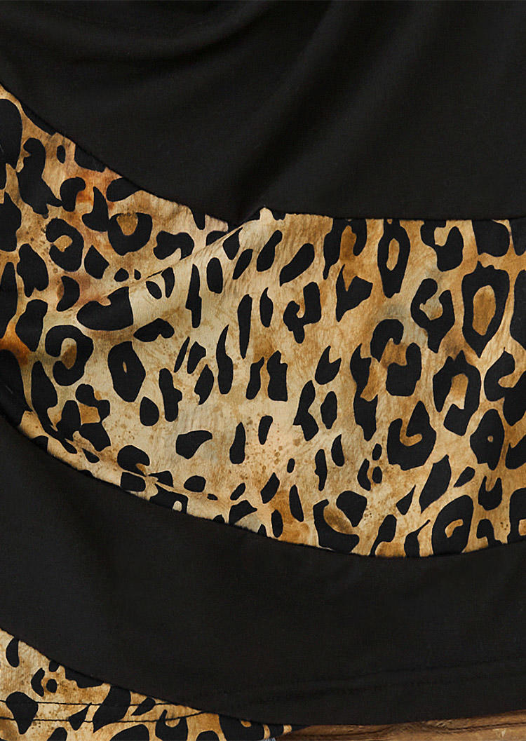 Color Block Leopard Cowl Neck Blouse - Black