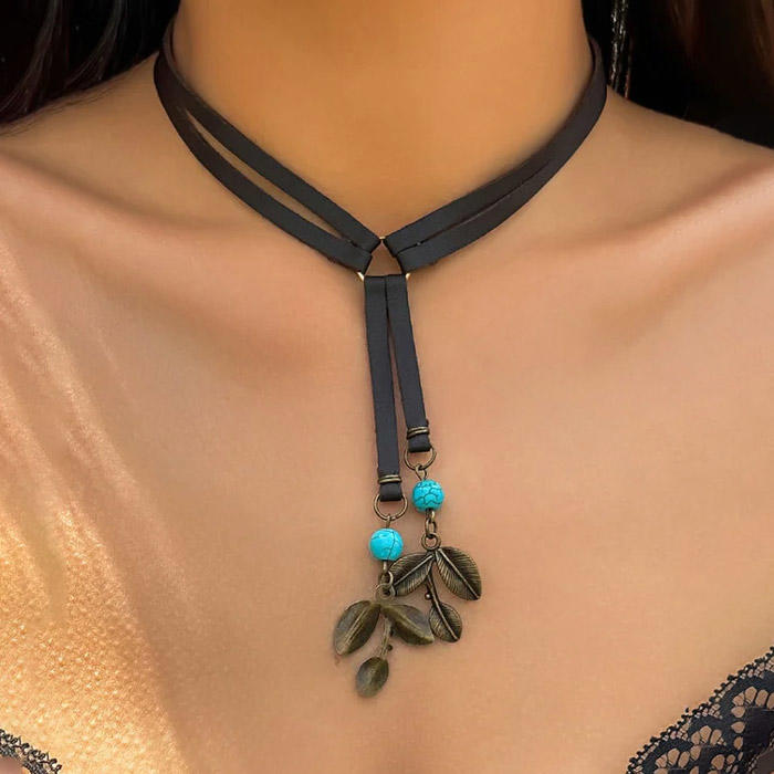 Turquoise Leaf Tassel Bohemian Necklace