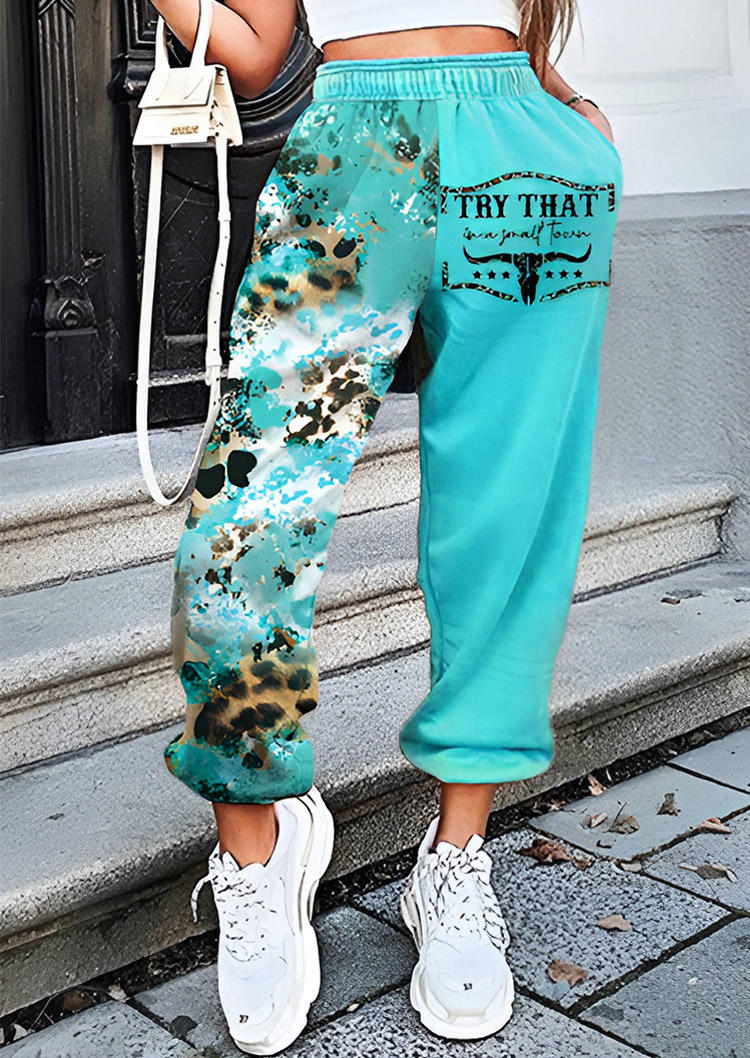 

Leopard Steer Skull Color Block Bleached Sweatpants - Blue, SCM020276