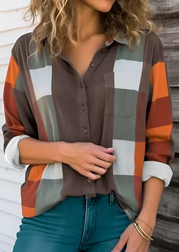

Plaid Button Turn-Down Collar Shirt, Multicolor, SCM020321