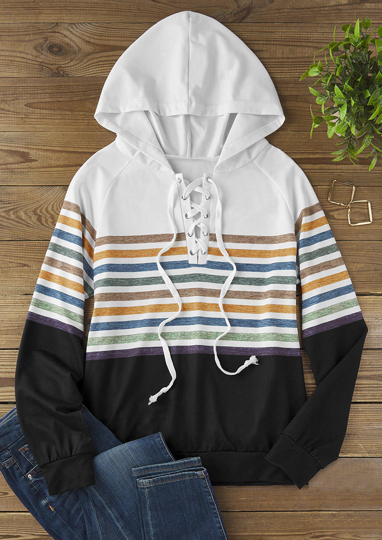 Striped Color Block Lace Up Hoodie