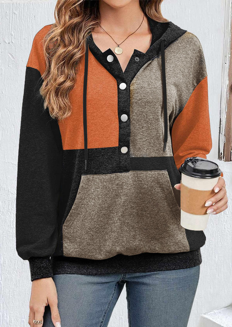 

Color Block Snap Button Kangaroo Pocket Hoodie, Multicolor, SCM020511