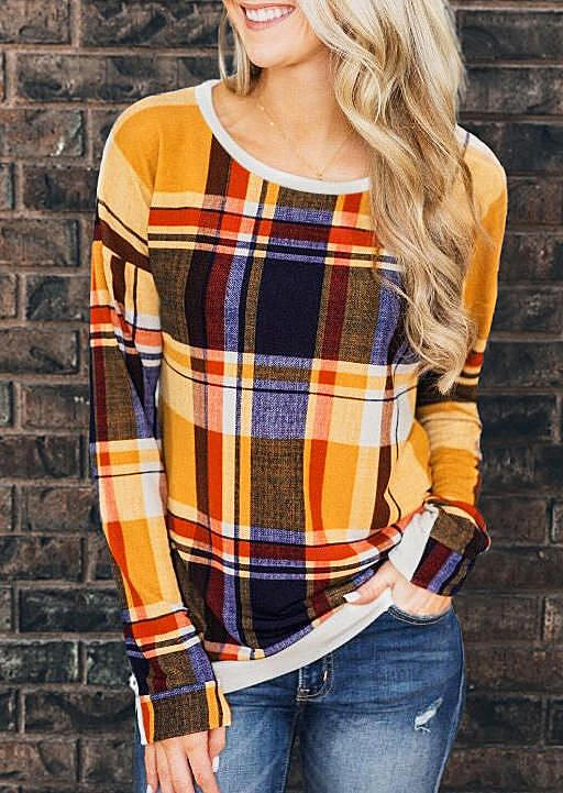 

Autumn Plaid Long Sleeve O-Neck Blouse, Multicolor, SCM020524