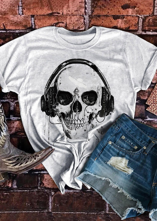 

Skull O-Neck T-Shirt Tee - Light Grey, Gray, SCM020525