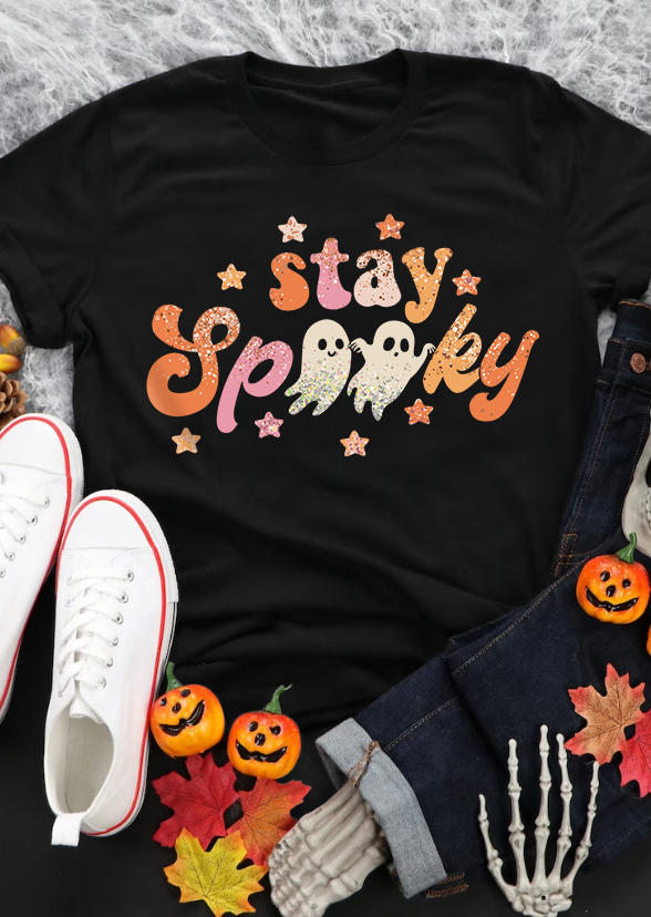 

Stay Spooky Ghost T-Shirt Tee - Black, SCM020531