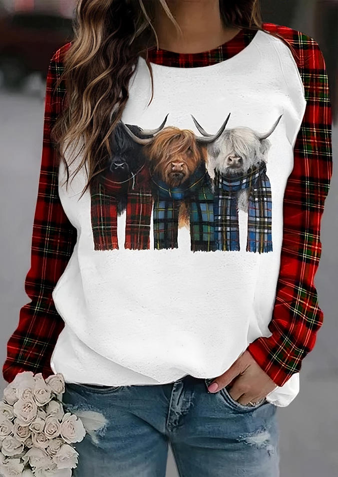 

Highland Cattle Buffalo Plaid Pullover Sweatshirt - White, SCM020647