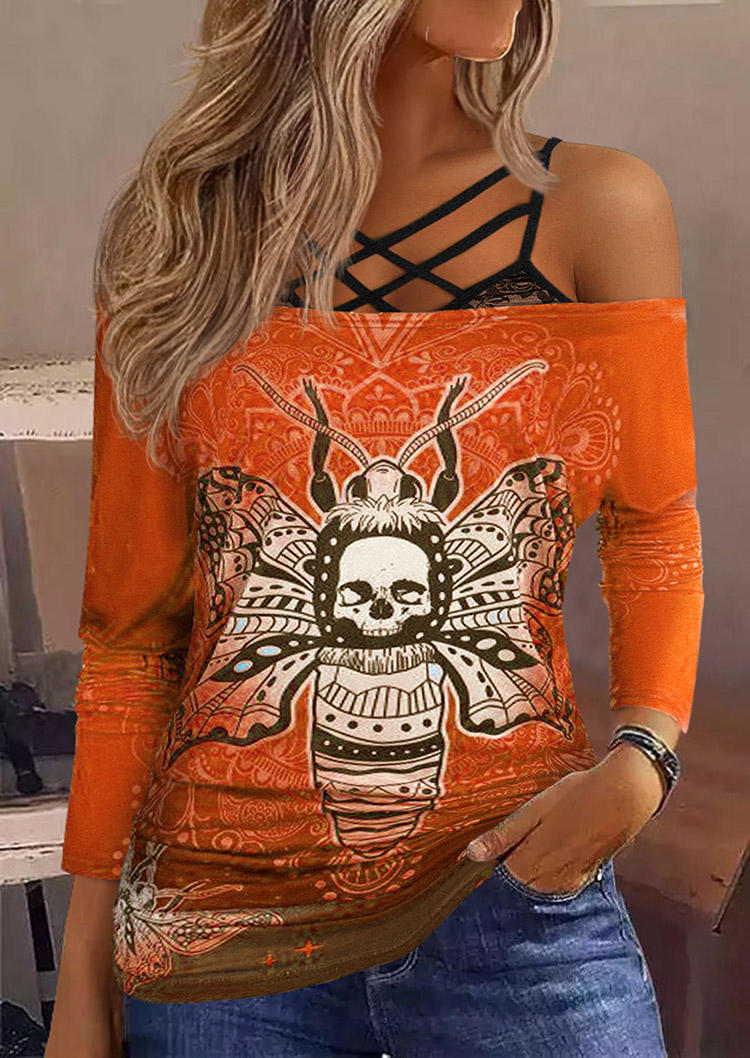 Halloween Gradient Skull Cold Shoulder Fake Two-Piece Blouse