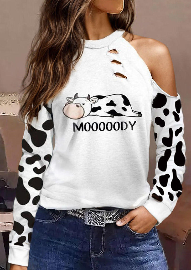 

Mooooody Cow Hollow Out Cold Shoulder Blouse - White, SCM020363