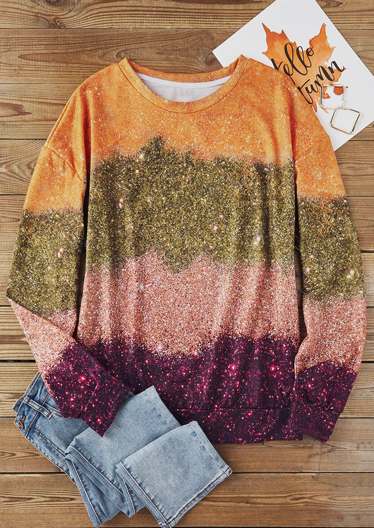 Color Block Glitter O-Neck Sweatshirt