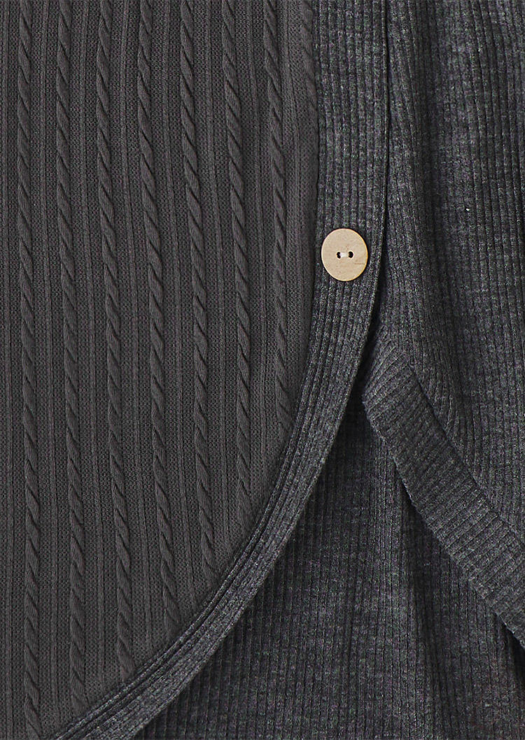 Button Slit Ribbed Long Sleeve Mini Dress - Dark Grey