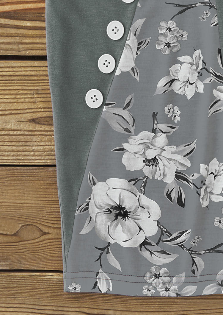 Floral Button O-Neck Mini Dress - Gray