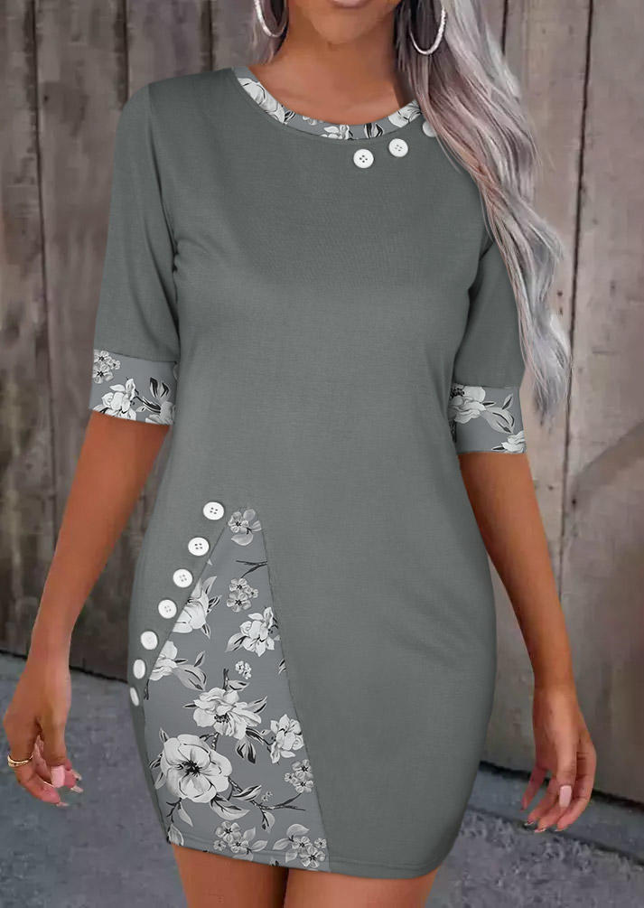 

Floral Button O-Neck Mini Dress - Gray, SCM020516