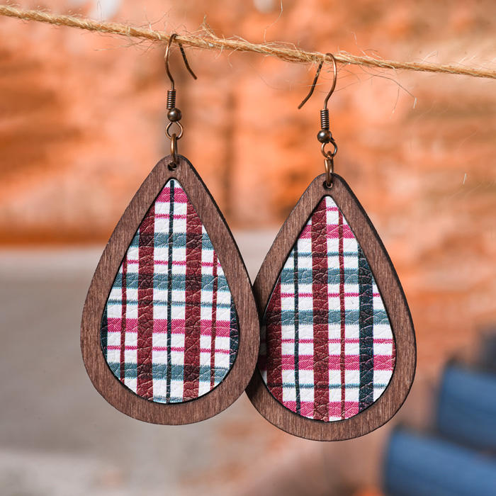 Classic British Plaid Water Drop Wooden Earrings