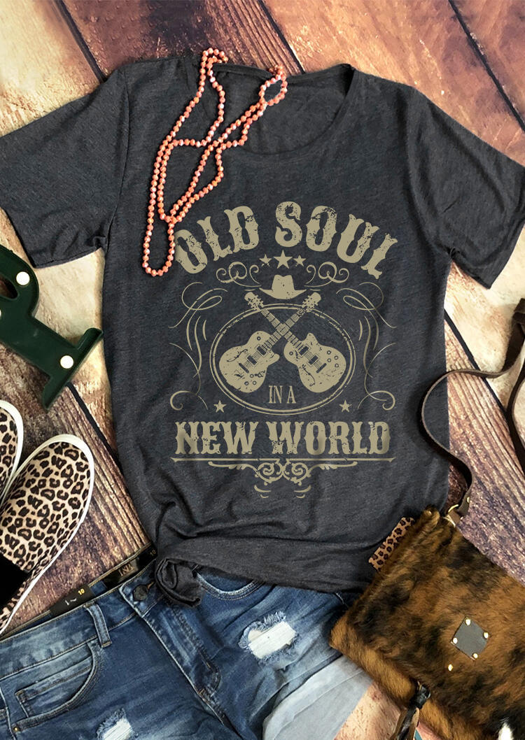 

Old Soul In A New World Guitar Retro T-Shirt Tee - Dark Grey, Gray, SCM020598