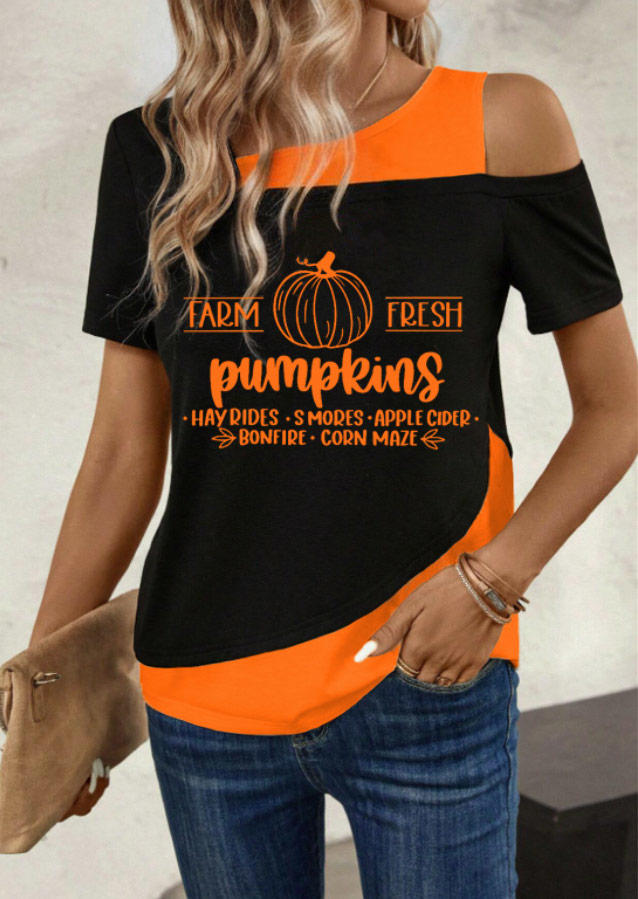 

Farm Fresh Pumpkins Color Block Cold Shoulder Fake Two-Piece Blouse - Black, SCM019789