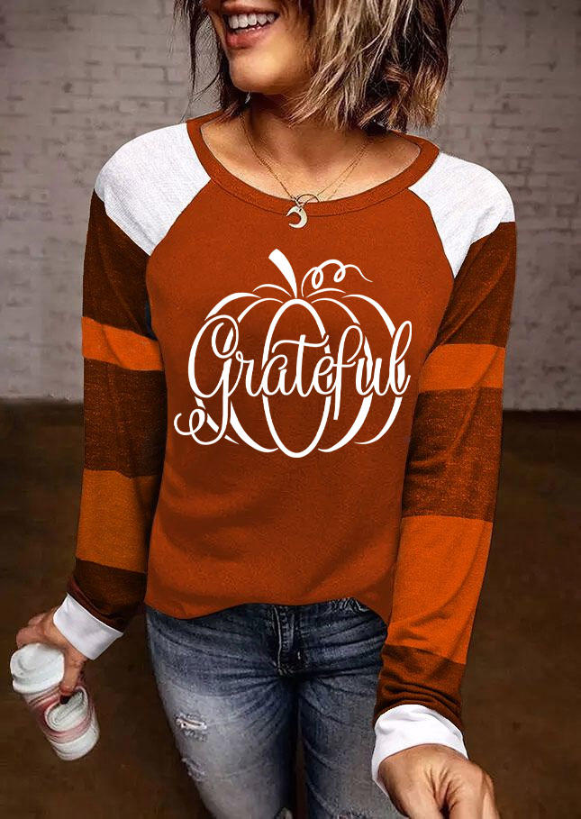 

Thanksgiving Grateful Color Block Pumpkin Raglan Sleeve T-Shirt Tee, Multicolor, SCM020552