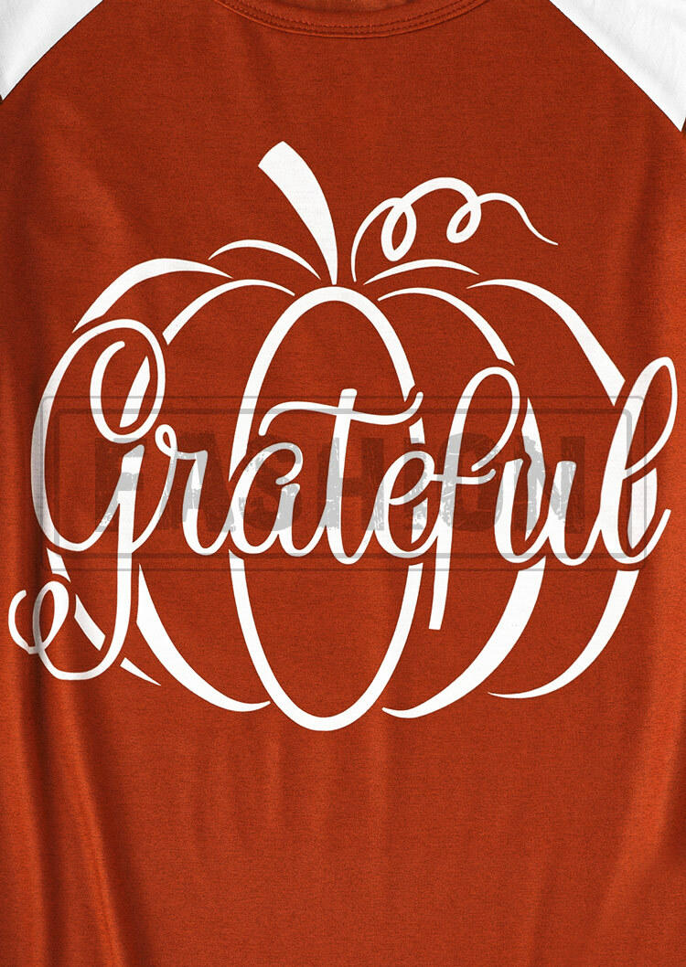 Thanksgiving Grateful Color Block Pumpkin Raglan Sleeve T-Shirt Tee