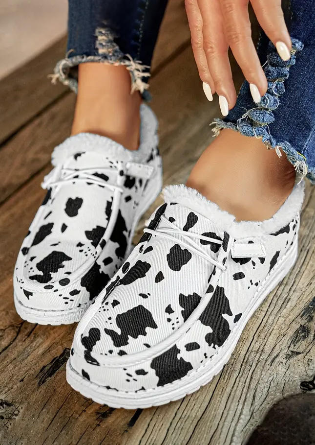 

Cow Lace Up Plush Warm Flat Sneakers, Multicolor, SCM020332