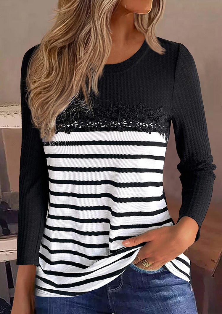 

Striped Lace Splicing O-Neck Blouse - Black, SCM020499