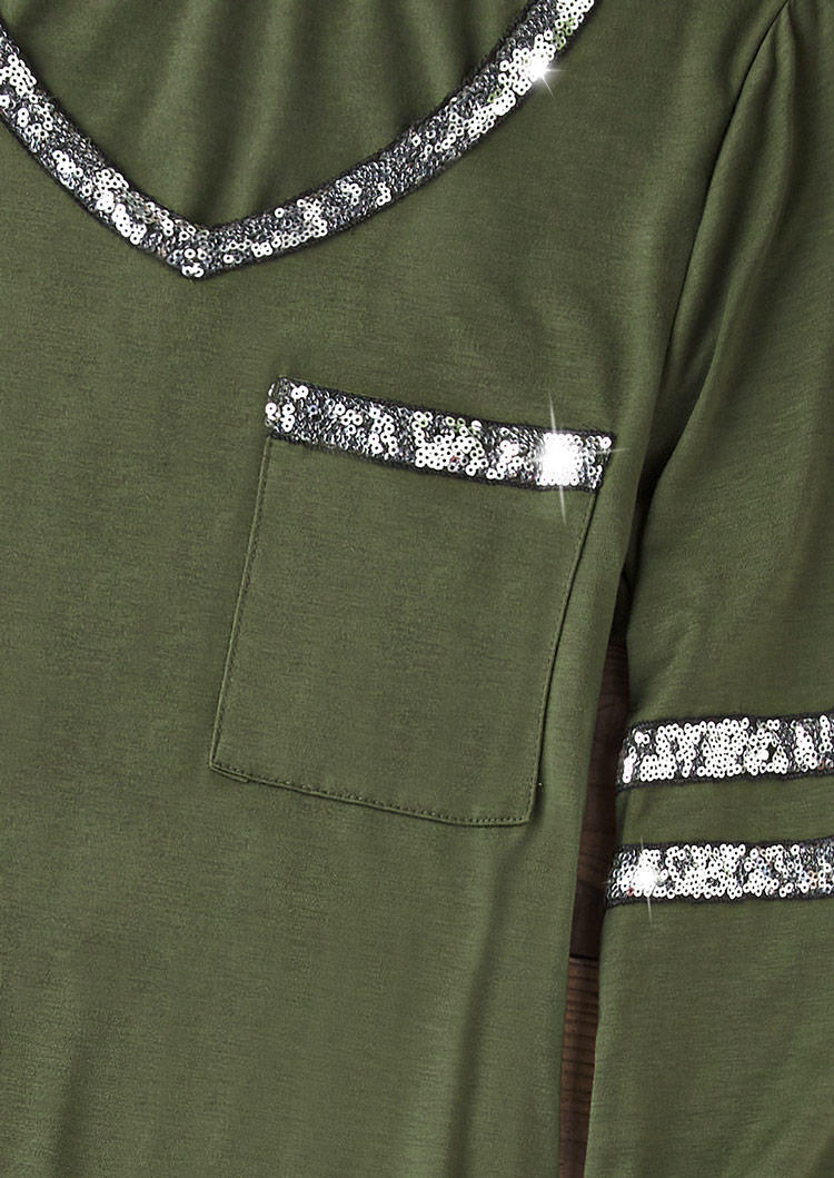 Glitter Pockets Plain Long Sleeve Blouse - Army Green