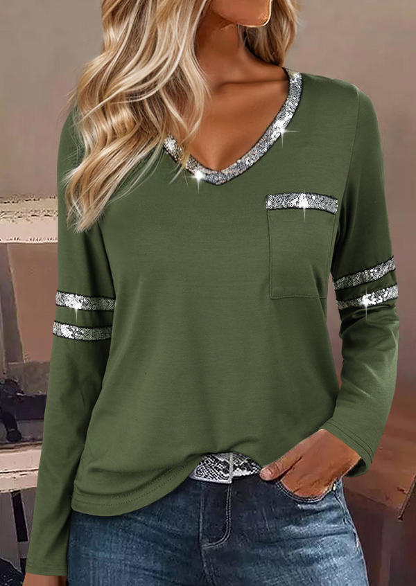 

Glitter Pockets Plain Long Sleeve Blouse - Army Green, SCM020501