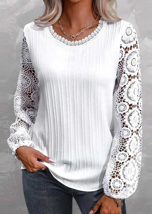 

Lace Splicing Long Sleeve O-Neck Blouse - White, SCM020533