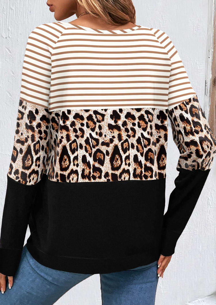 Striped Leopard Color Block Button Sweatshirt