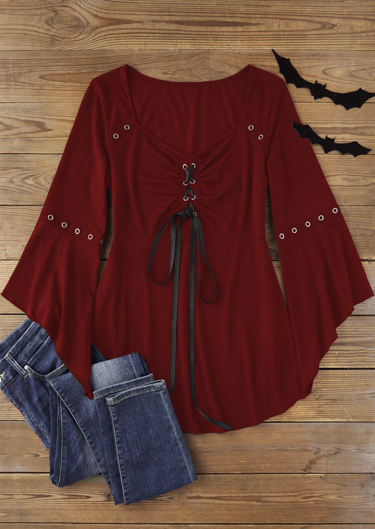 Lace Up Gothic Three Quarter Sleeve Blouse - Burgundy