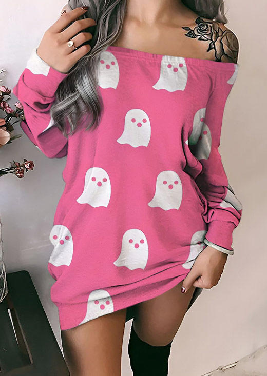 

Halloween Ghost Off Shoulder Sweatshirt Dress - Pink, SCM020712