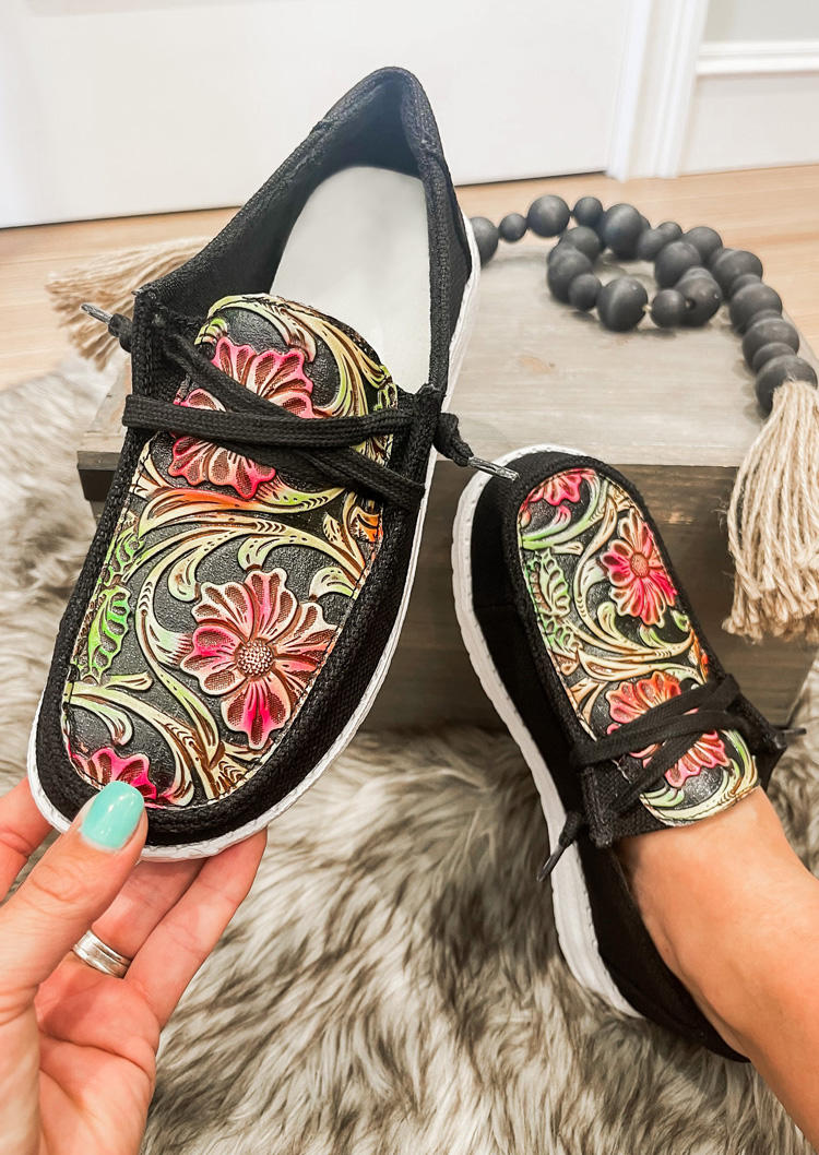 

Floral Lace Up Flat Sneakers - Black, SCM020724