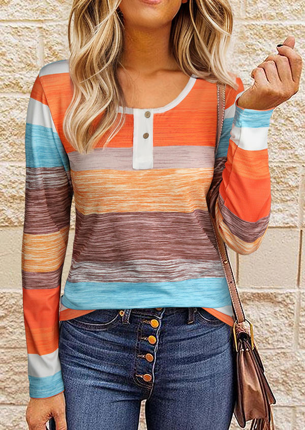 

Color Block Button O-Neck Blouse, Multicolor, SCM019944