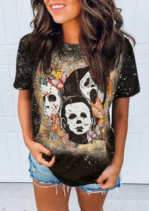 

Floral Ghost Butterfly Bleached O-Neck T-Shirt Tee - Black, SCM020308
