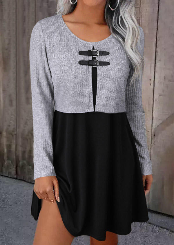 

Ribbed Buckle Fake Two-Piece Mini Dress, Multicolor, SCM020338
