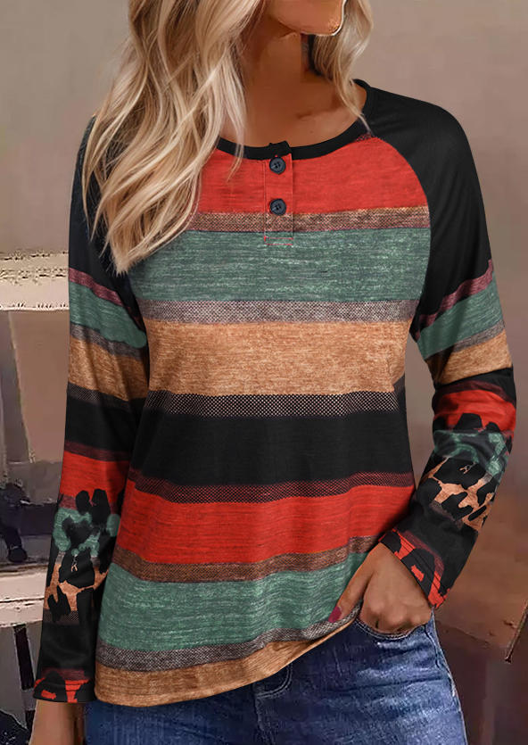 

Color Block Button Long Sleeve Blouse, Multicolor, SCM020486