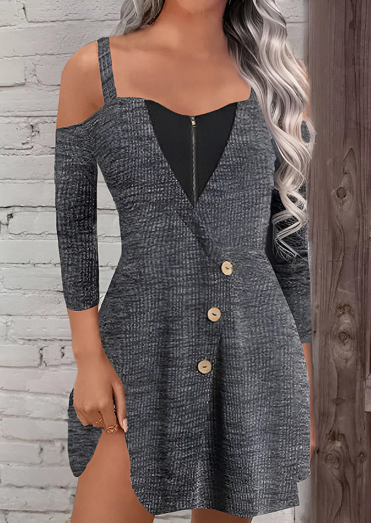 

Button Zipper Cold Shoulder Fake Two-Piece Mini Dress - Gray, SCM020513