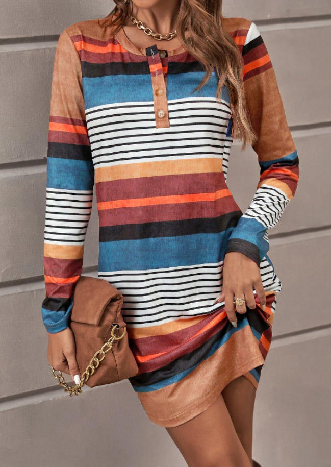 

Colorful Striped Button Long Sleeve Mini Dress, Multicolor, SCM020517