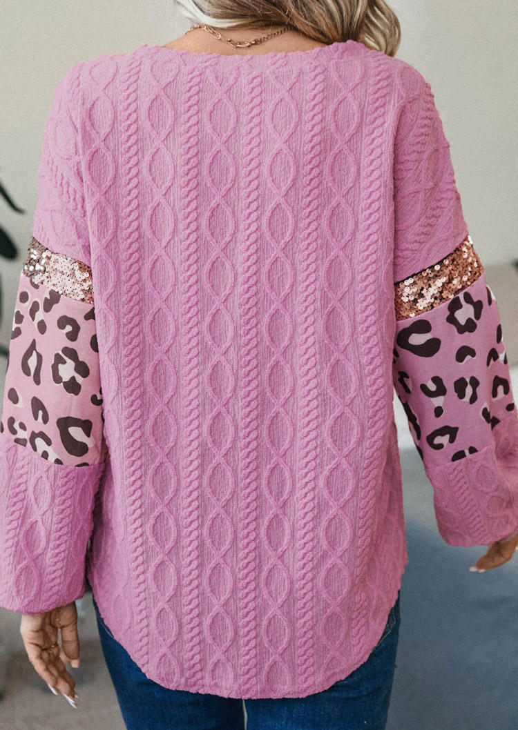 Leopard Jacquard O-Neck Sweatshirt - Pink