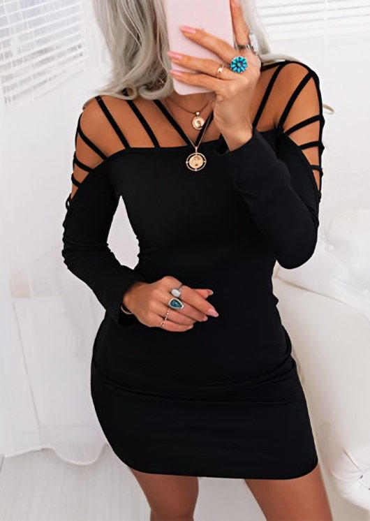 Hollow Out Cold Shoulder Bodycon Dress - Black