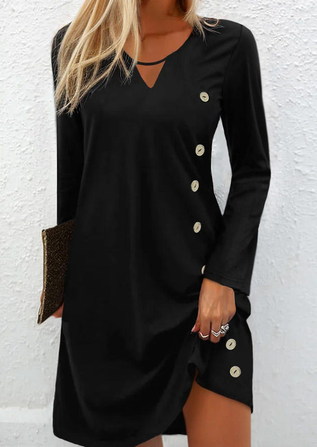 Button Hollow Out Long Sleeve Mini Dress - Black