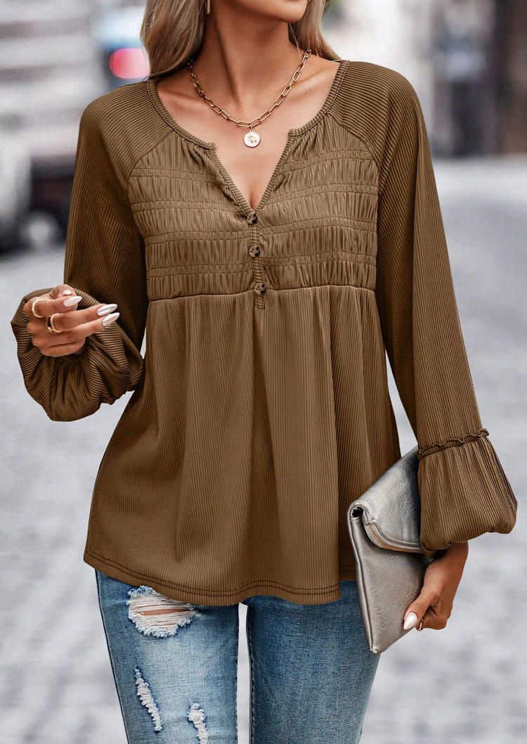 Ruffled Smocked Button Notched Neck Blouse - Coffee