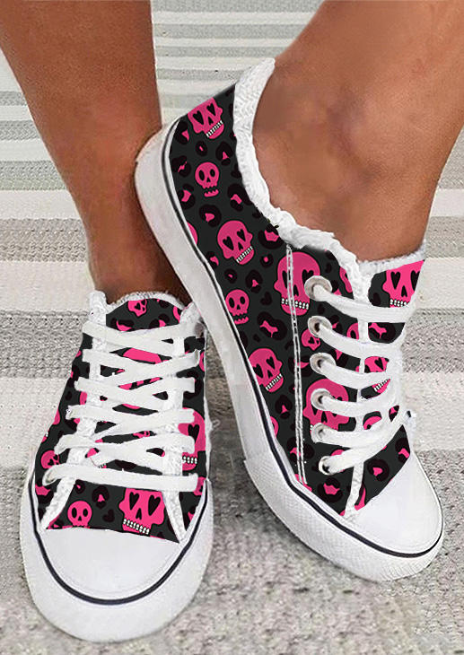 

Halloween Skull Leopard Love Heart Flat Sneakers, Multicolor, SCM020763