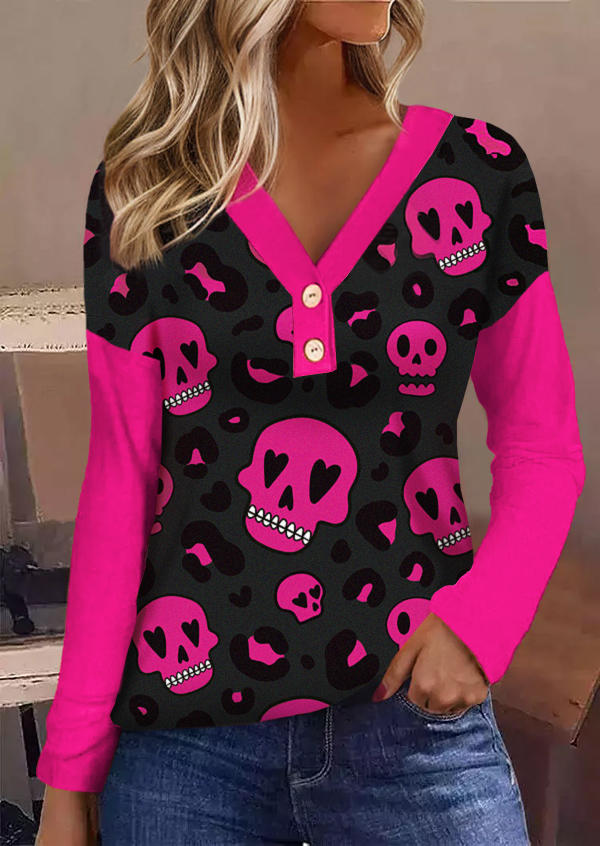 

Halloween Skull Leopard Heart Button Patchwork Long Sleeve Blouse, Multicolor, SCM020768