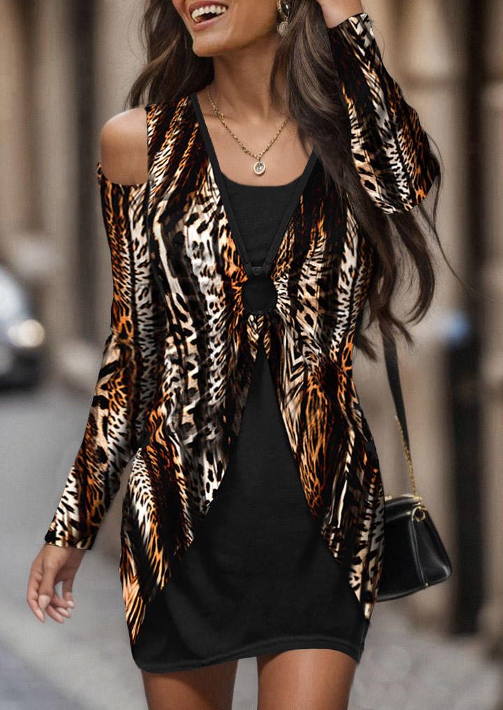 

Leopard Wrap Cold Shoulder Fake Two-Piece Mini Dress, Multicolor, SCM020786