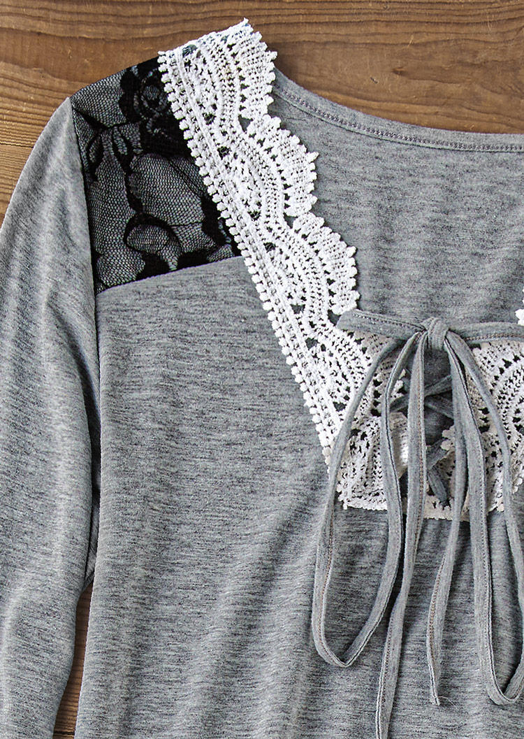 Lace Splicing Tie Long Sleeve Blouse - Gray