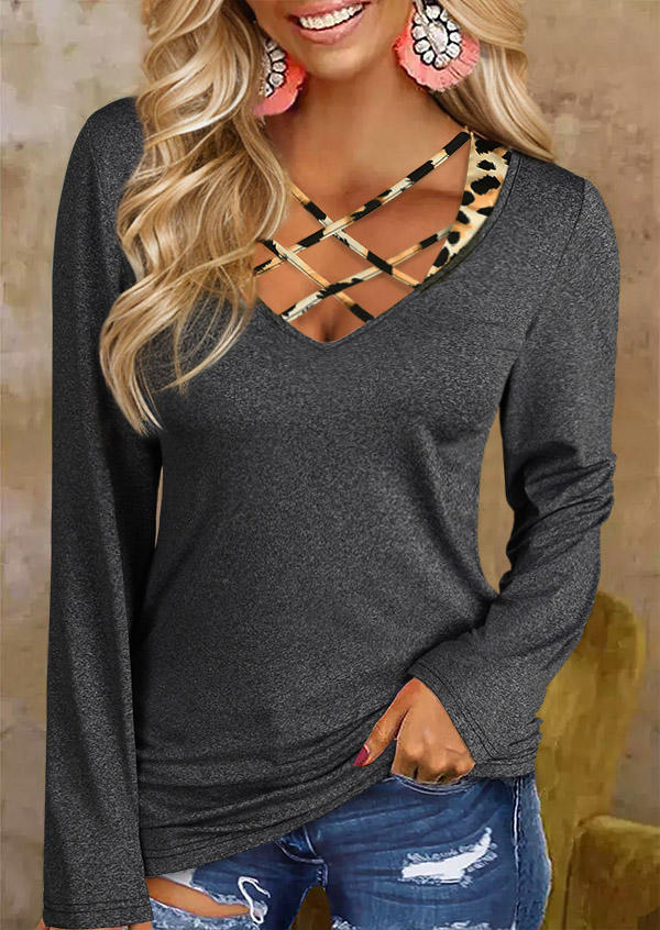 Leopard Criss-Cross Fake Two-Piece Blouse - Dark Grey