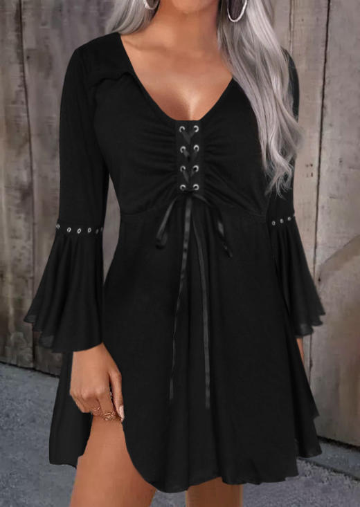 

Lace Up Eyelet Ruffled Flare Sleeve Mini Dress - Black, SCM020633