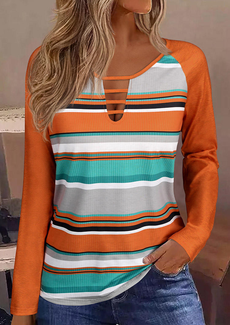 

Autumn Striped Raglan Sleeve Keyhole Neck Blouse - Orange, SCM020658