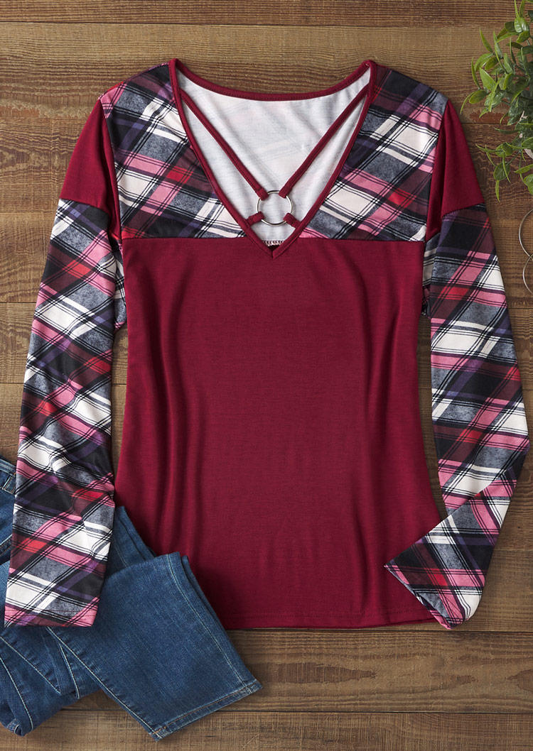 Plaid Hollow Out Long Sleeve Blouse