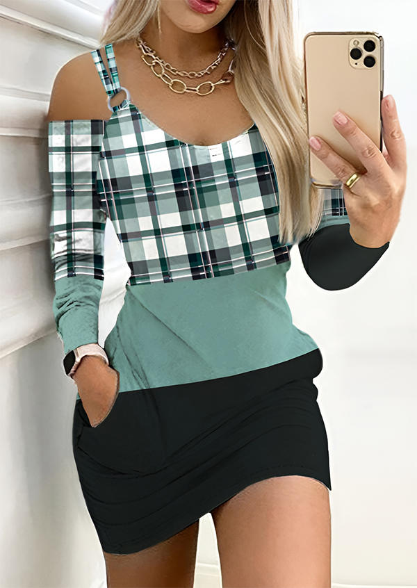 

Plaid Color Block Pocket Cold Shoulder Mini Dress, Multicolor, SCM020375